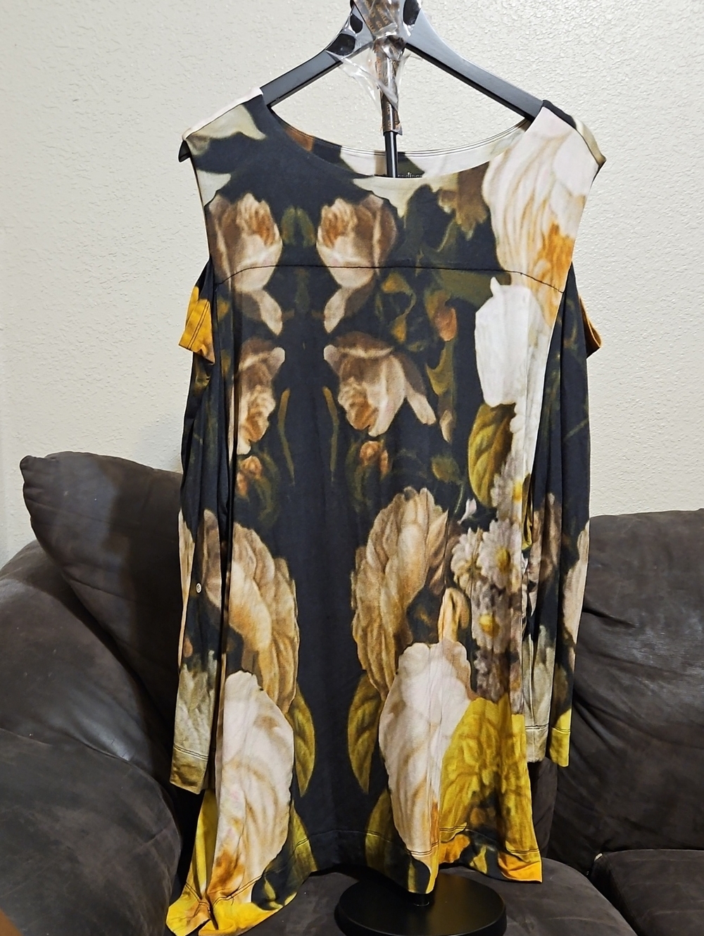 Soft Surroundings Black Floral Cold-Shoulder Tunic with Yellow Blooms